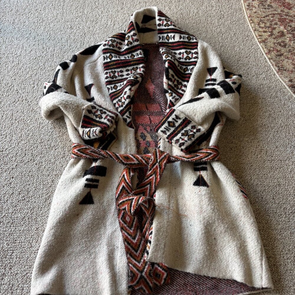 Zara Knitwear Aztec Belted Cardigan Sweater S | Southwestern Boho Cozy - Picture 2 of 9